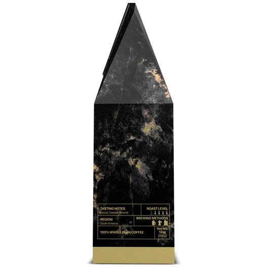 Side view of Apache Roast, AH-64 whole bean roast by USMIL Coffee. Taste profile chart on black and gold box.