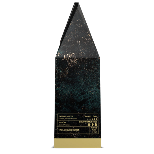 Side view of Globemaster Blend, C-17 ground roast by USMIL Coffee. Taste profile chart on black and gold box.