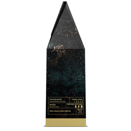 Side view of Globemaster Blend, C-17 whole bean roast by USMIL Coffee. Taste profile chart on black and gold box.