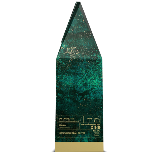 Side view of Lightning Roast, F-35 whole bean roast by USMIL Coffee. Taste profile chart on green and gold box.