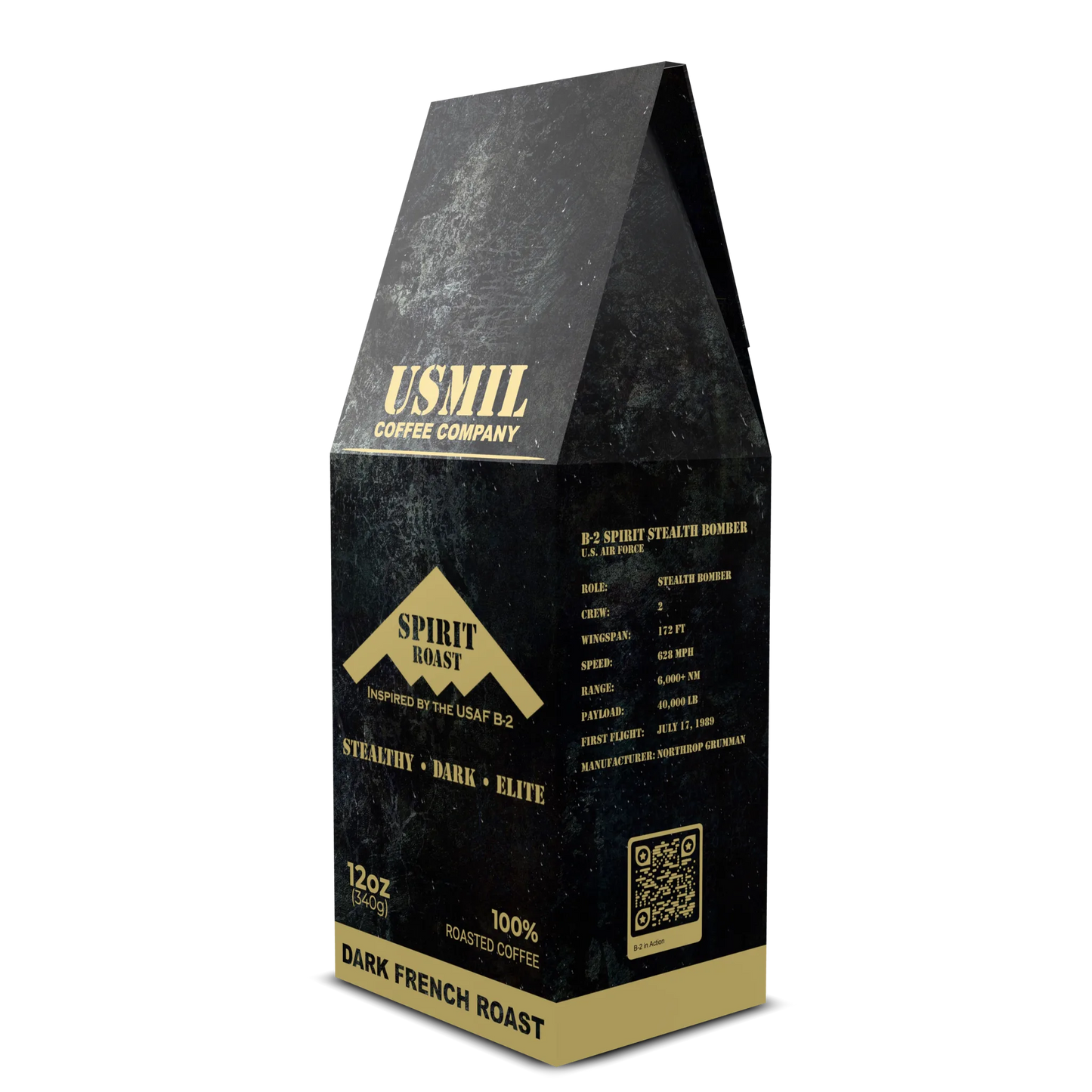 Angled Spirit Roast coffee box by USMIL Coffee showing front and B-2 aircraft facts. Distressed black packaging.