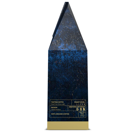 Side view of Super Hornet Roast, F/A-18 ground roast by USMIL Coffee. Taste profile chart on blue and gold box.
