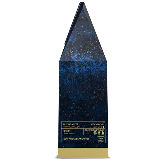 Side view of Super Hornet Roast, F/A-18 whole bean roast by USMIL Coffee. Taste profile chart on blue and gold box.