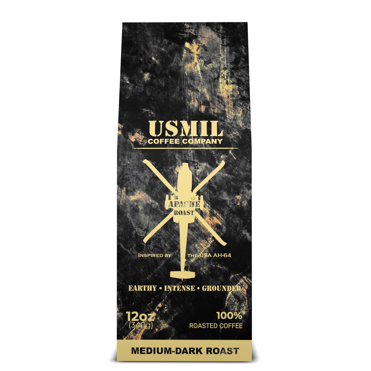Apache Roast medium-dark roast coffee box by USMIL Coffee. Black and gold packaging.