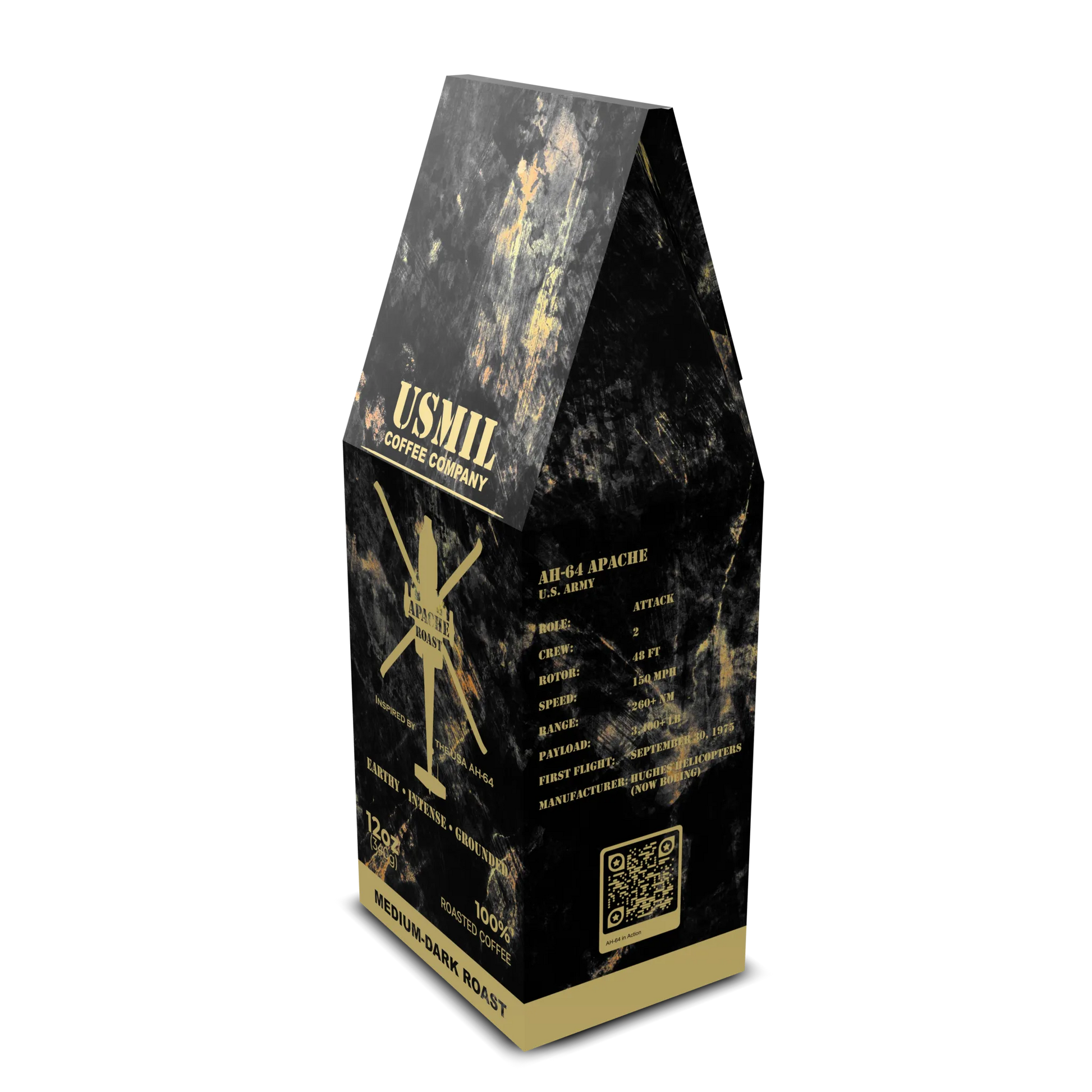 Angled Apache Roast coffee box by USMIL Coffee showing front and AH-64 aircraft facts. Black and gold packaging.
