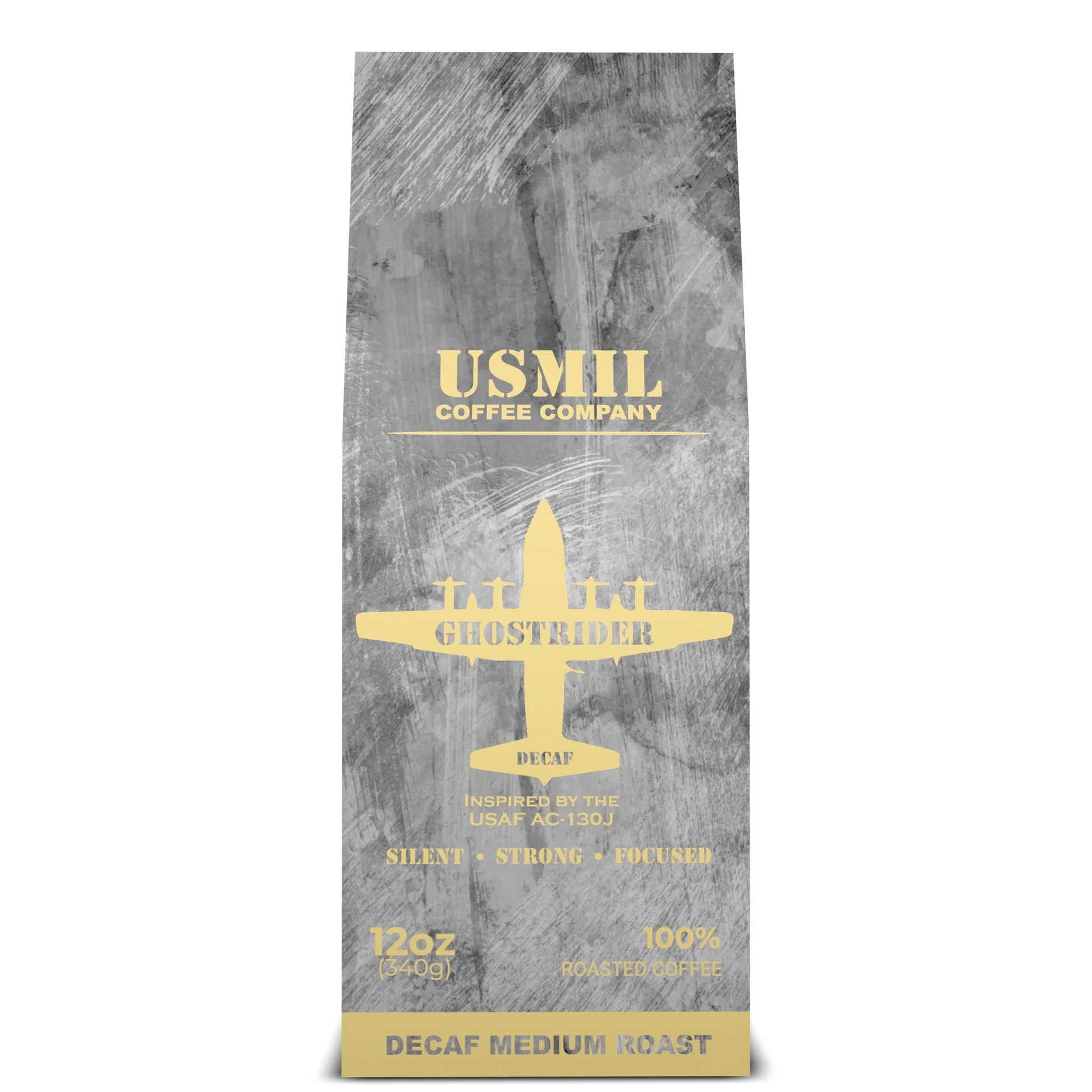Ghostrider Decaf medium-dark roast coffee box by USMIL Coffee. Charcoal gray packaging.