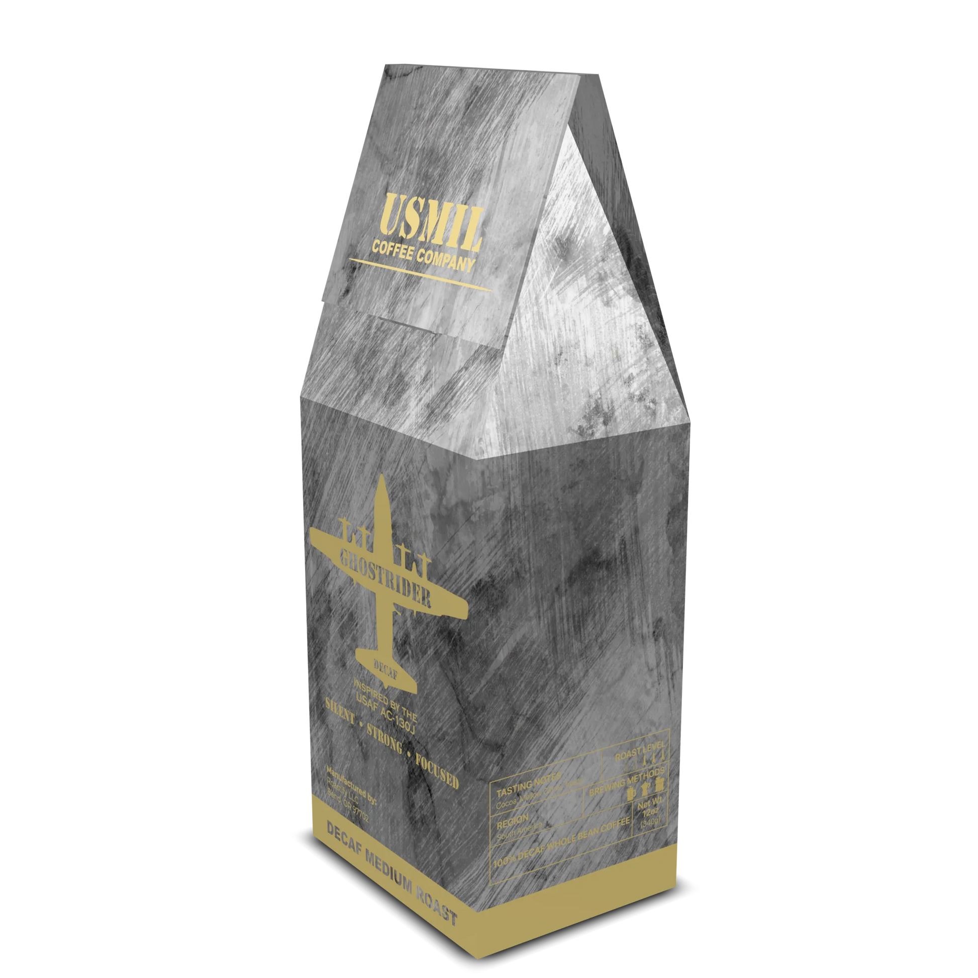 Angled Ghostrider Decaf coffee box by USMIL Coffee showing front and AC-130J aircraft facts. Charcoal gray packaging.