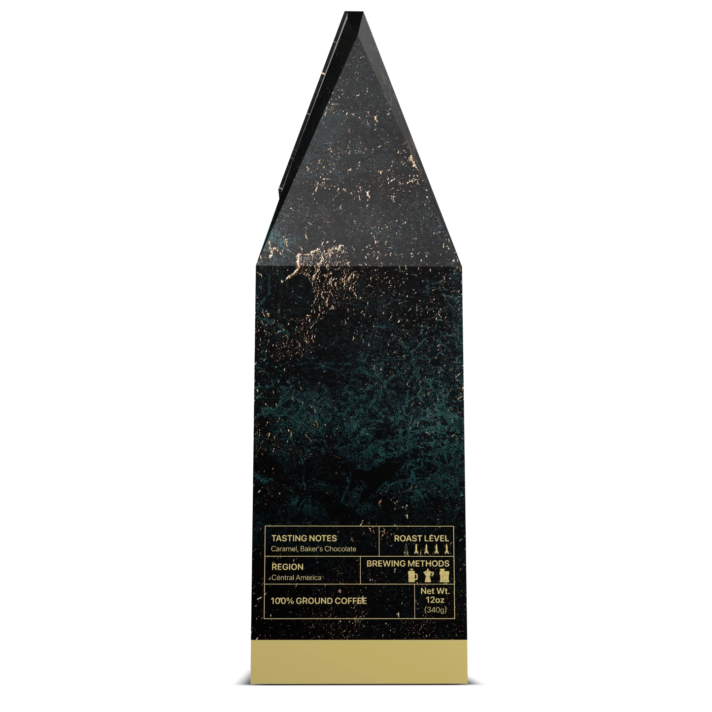 Side view of Globemaster Blend, C-17 ground roast by USMIL Coffee. Taste profile chart on black and gold box.