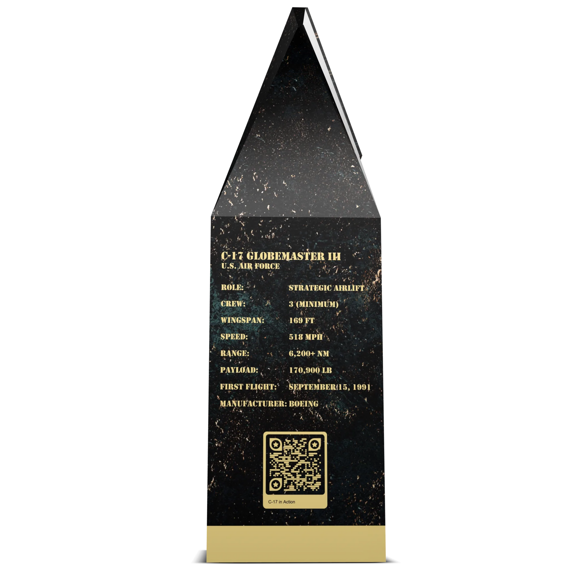 C-17 Globemaster III facts panel on side of Globemaster Blend coffee box by USMIL Coffee. Black and gold packaging.