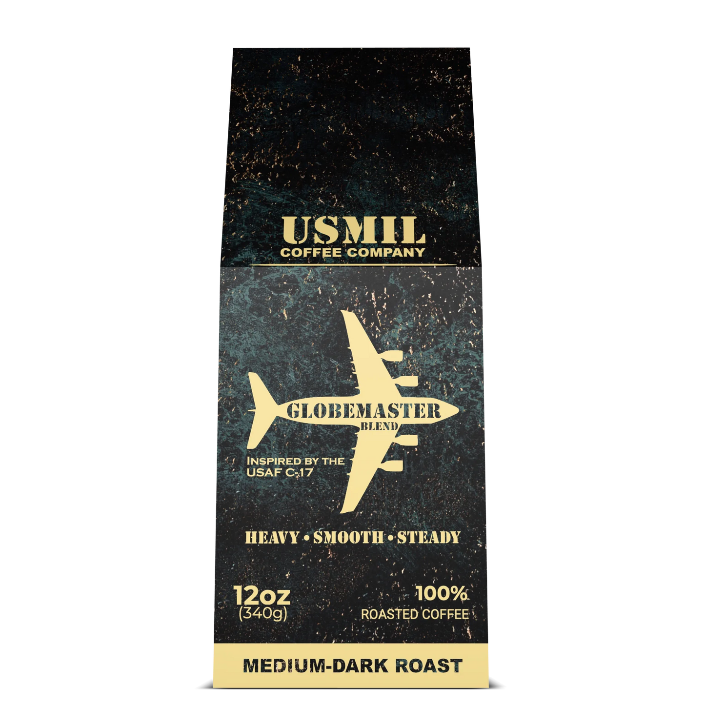 Globemaster Blend medium-dark roast coffee box by USMIL Coffee. Black and gold packaging.