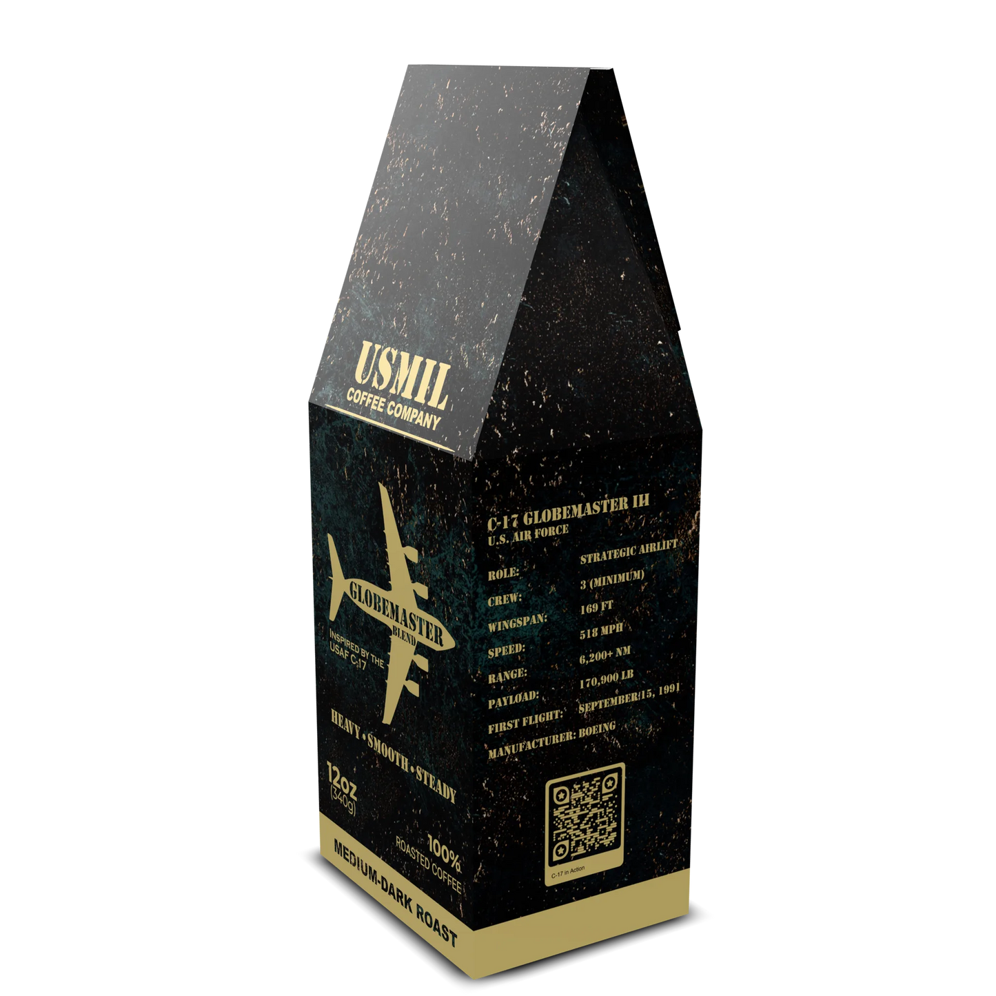 Angled Globemaster Blend coffee box by USMIL Coffee showing front and C-17 aircraft facts. Black and gold packaging.