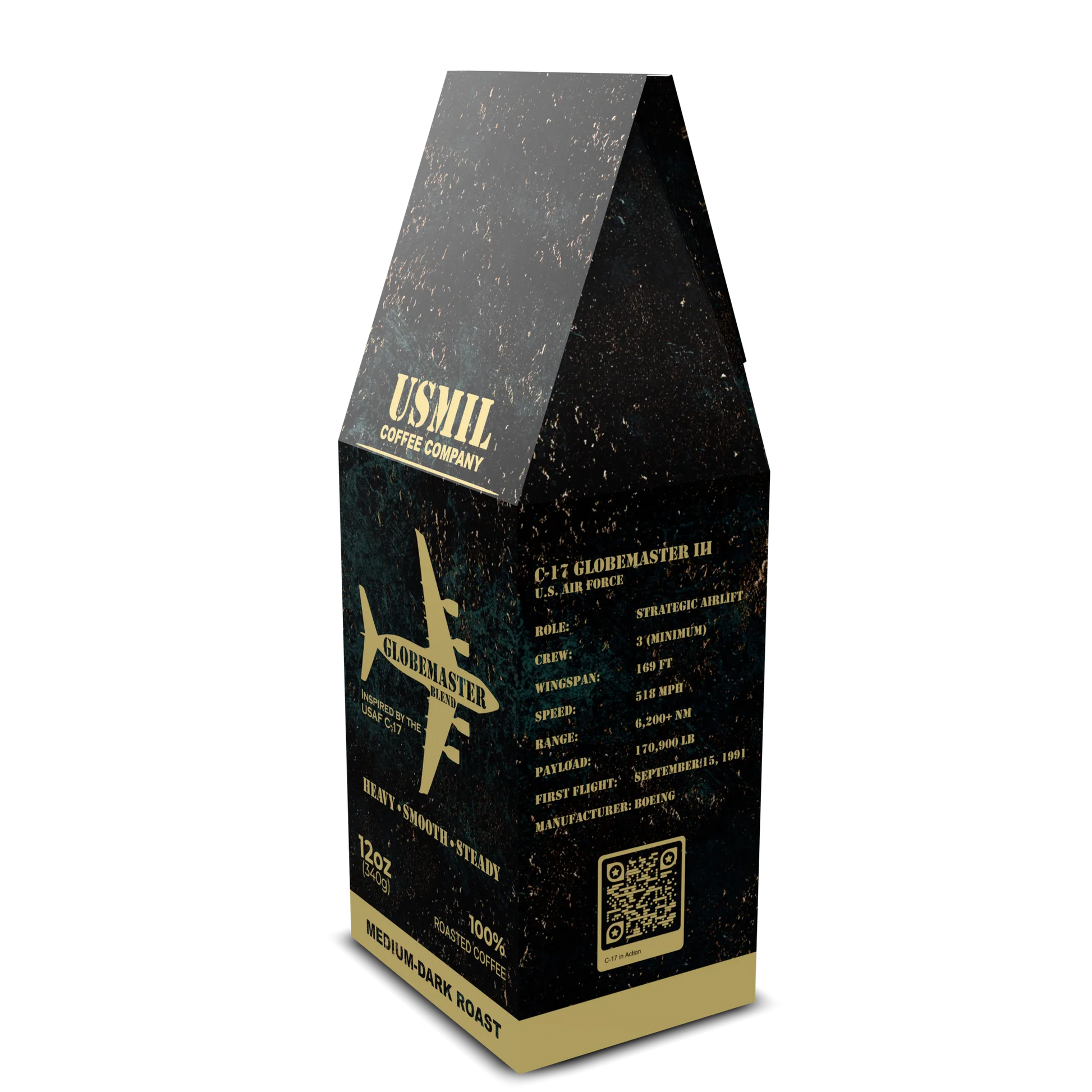 Angled Globemaster Blend coffee box by USMIL Coffee showing front and C-17 aircraft facts. Black and gold packaging.