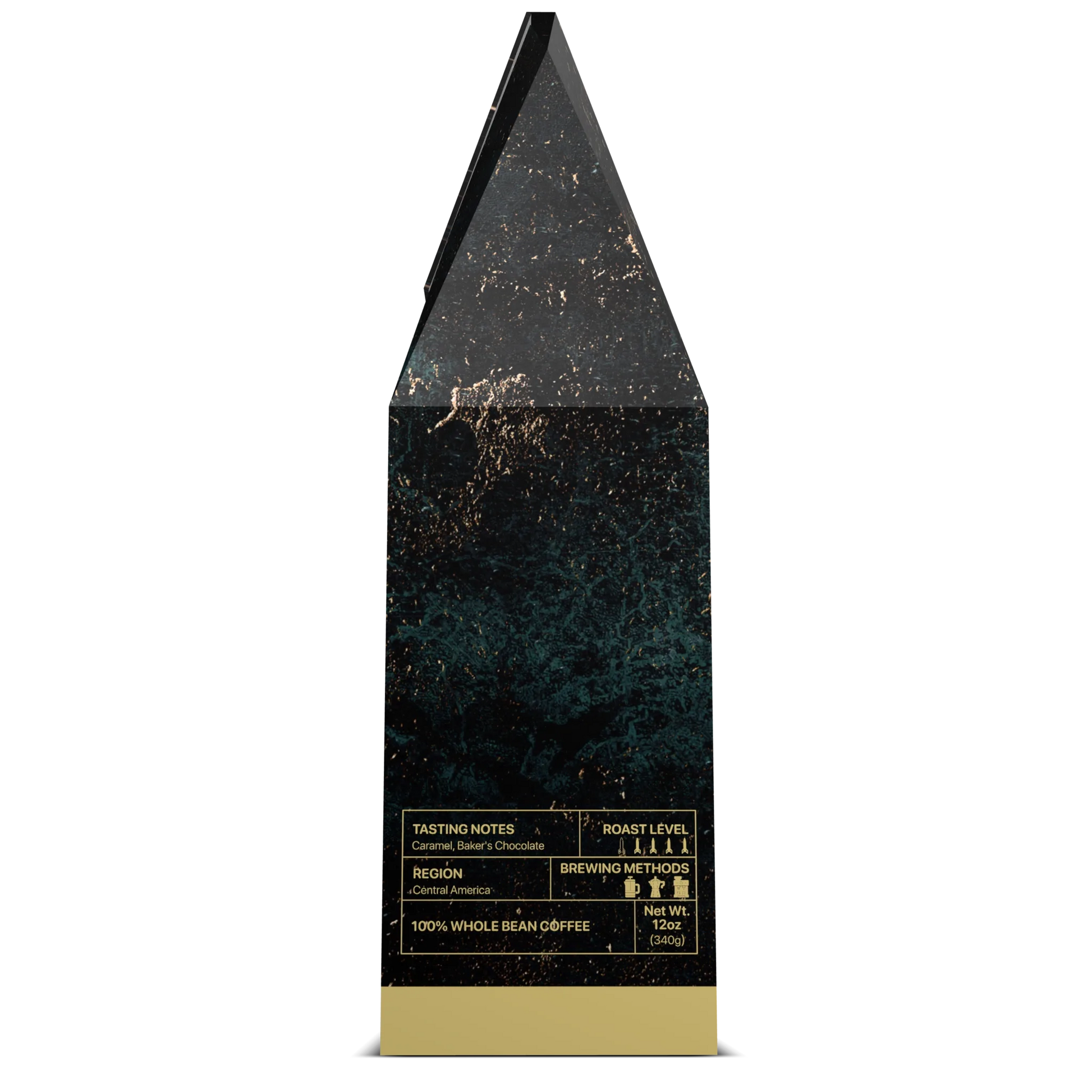Side view of Globemaster Blend, C-17 whole bean roast by USMIL Coffee. Taste profile chart on black and gold box.