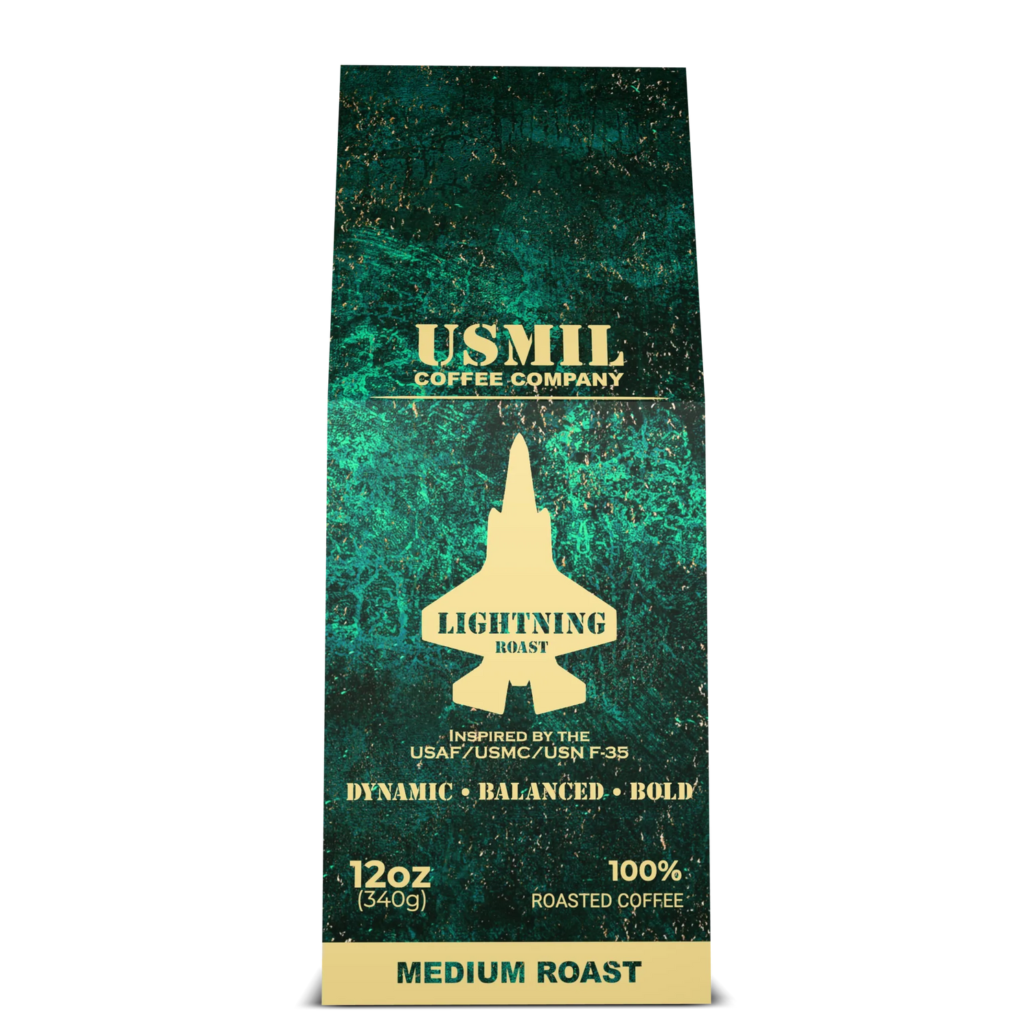 Lightning Roast medium-dark roast coffee box by USMIL Coffee. Green and gold packaging.