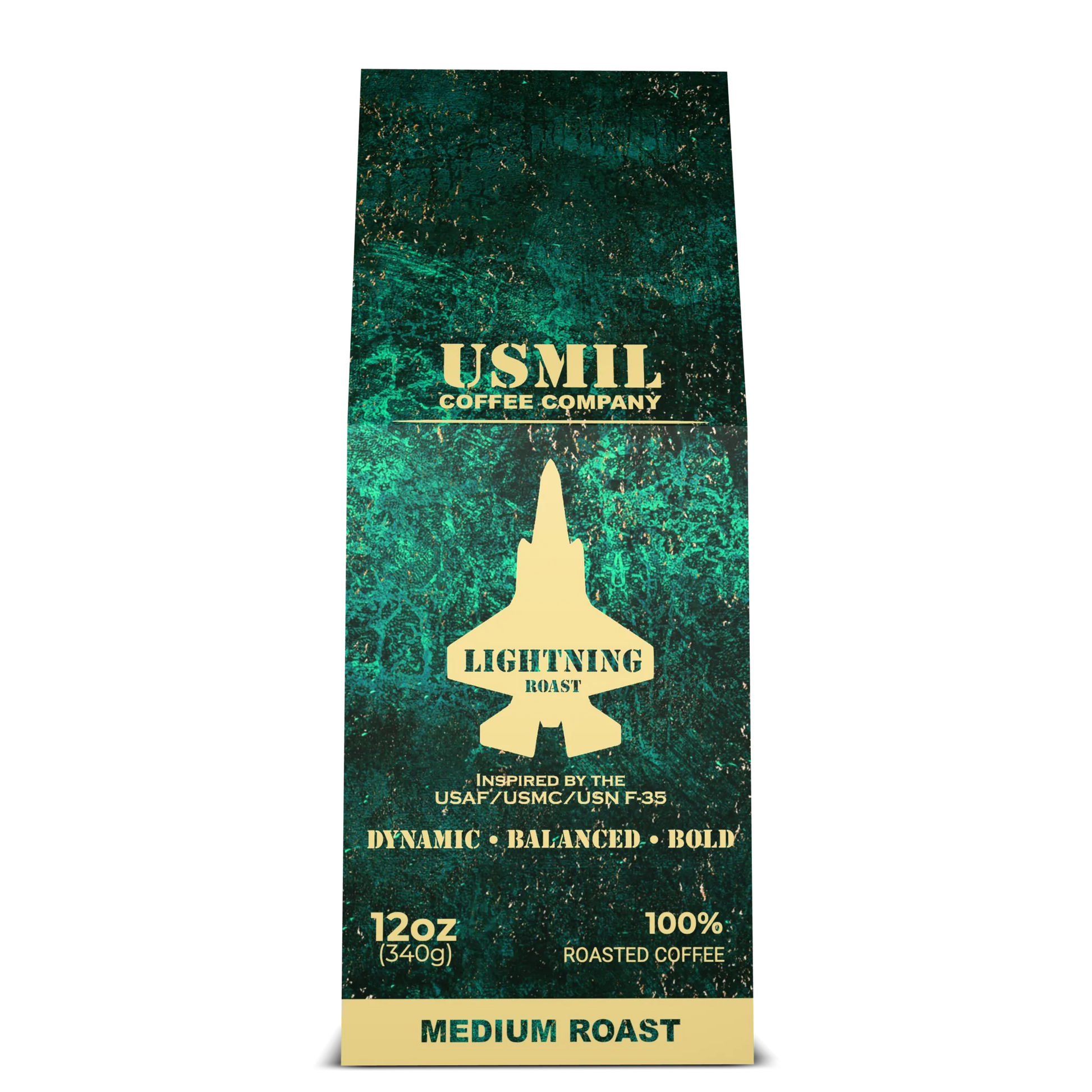 Lightning Roast medium-dark roast coffee box by USMIL Coffee. Green and gold packaging.