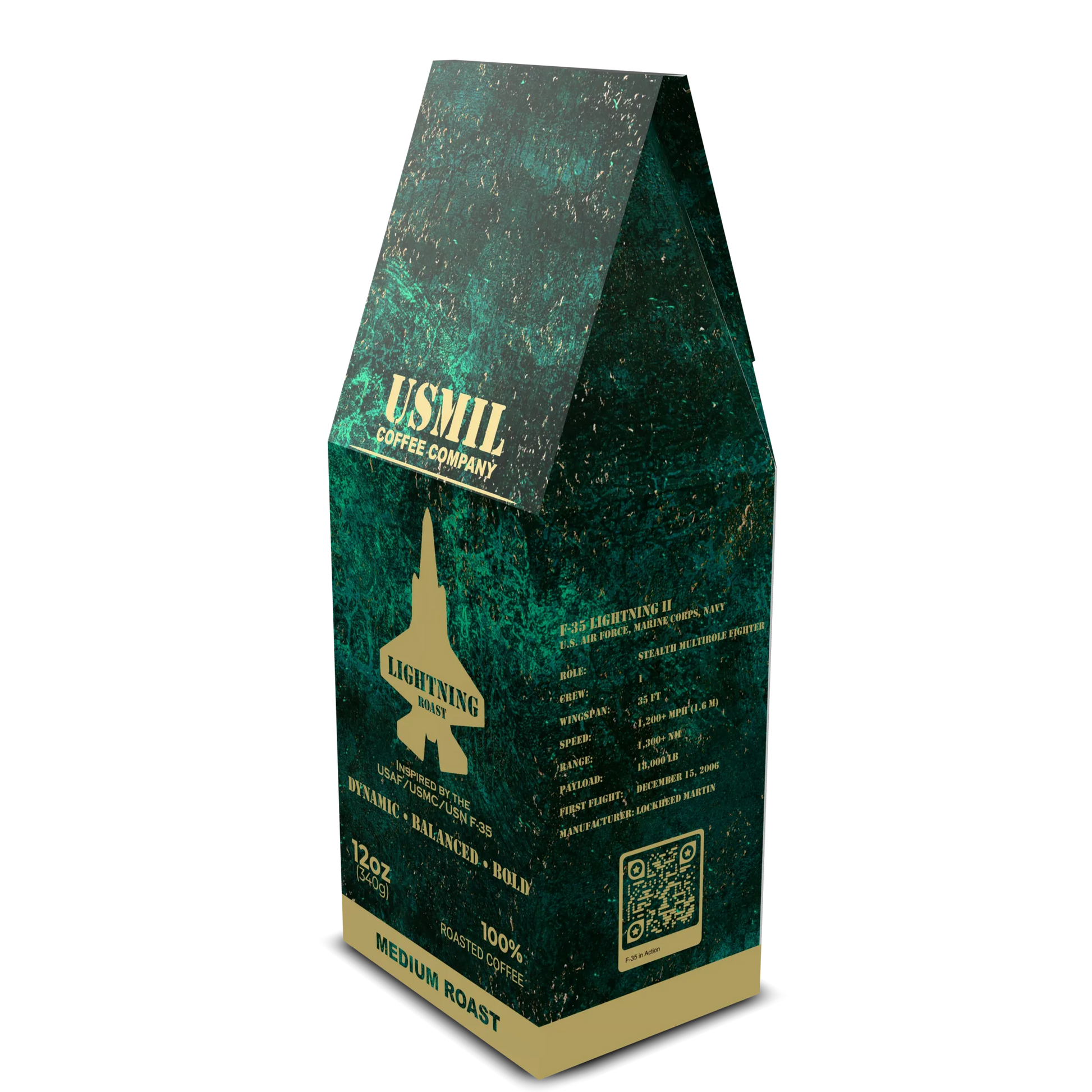 Angled Lightning Roast coffee box by USMIL Coffee showing front and F-35 aircraft facts. Green and gold packaging.