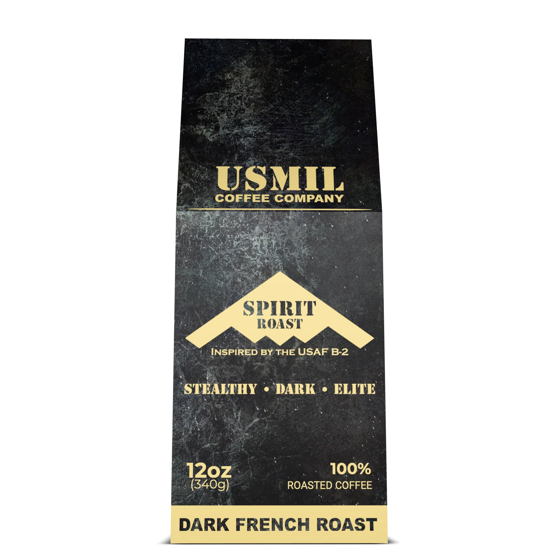 Spirit Roast medium-dark roast coffee box by USMIL Coffee. Distressed black packaging.