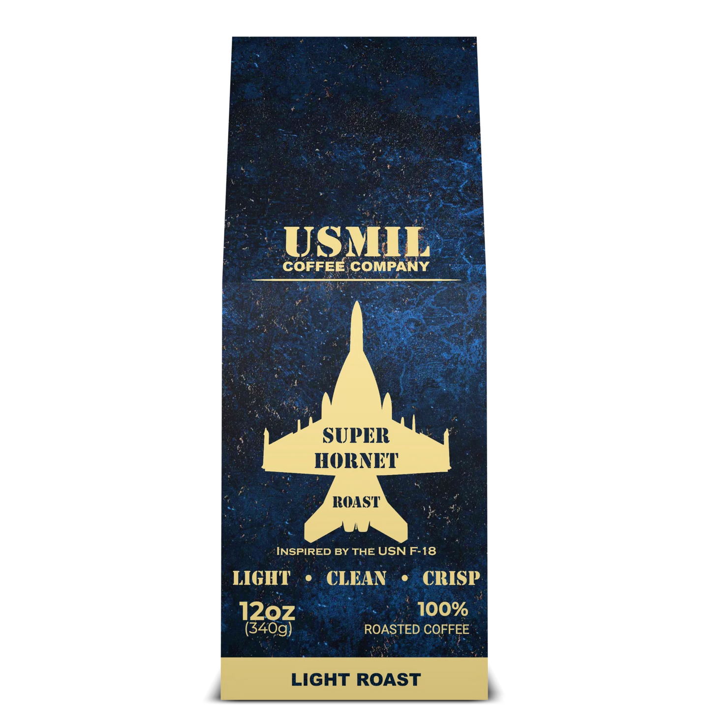 Super Hornet Roast medium-dark roast coffee box by USMIL Coffee. Blue and gold packaging.