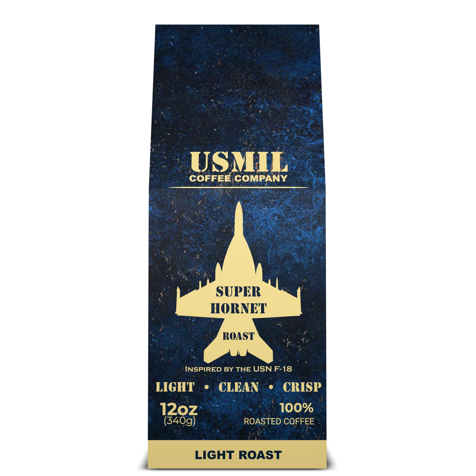 Super Hornet Roast medium-dark roast coffee box by USMIL Coffee. Blue and gold packaging.