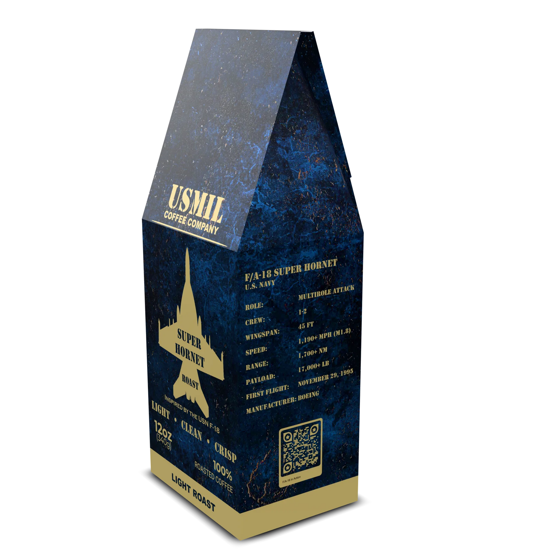 Angled Super Hornet Roast coffee box by USMIL Coffee showing front and F/A-18 aircraft facts. Blue and gold packaging.