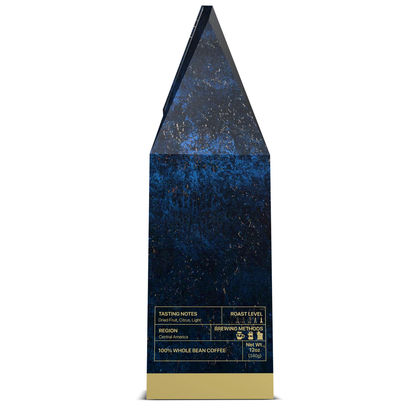 Side view of Super Hornet Roast, F/A-18 whole bean roast by USMIL Coffee. Taste profile chart on blue and gold box.